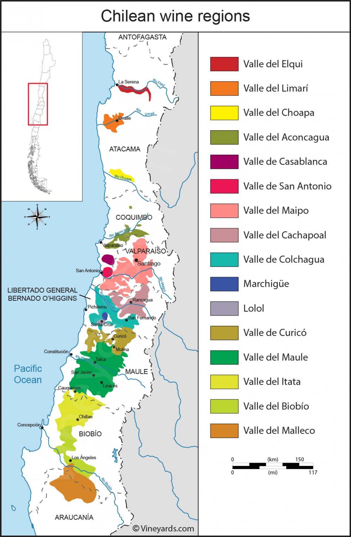 Карта на Чиле вински региони 